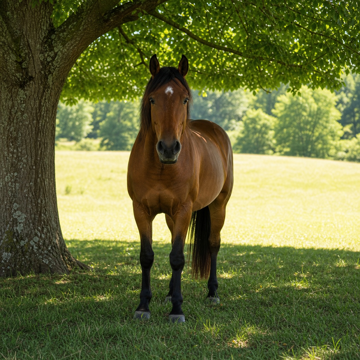 a brown horse standing in the shade of a tree in a field